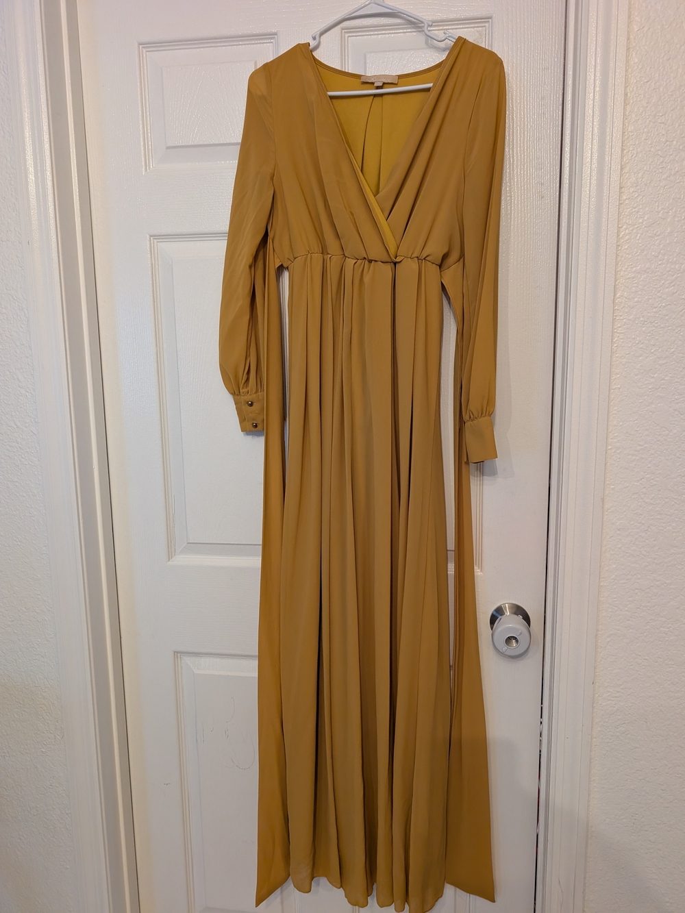 Mustard Long Sleeve Maxi Dress - V-Neck Elegant Silhouette